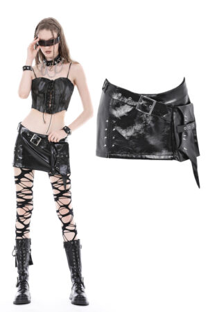 KW326 - Black Shiny PU waisted belt mini skirt