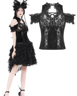 TW507 - Black hollow out lace top with high neck collar