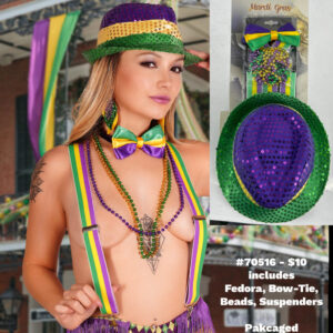 70516 - Mardi Gras kit-M (hat, bow tie, suspenders, beads)