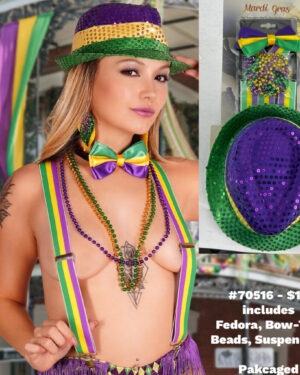 70516 - Mardi Gras kit-M (hat, bow tie, suspenders, beads)