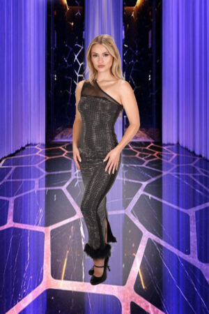 7541 - Off shoulder rhinestone maxi dress with hem fur-Black