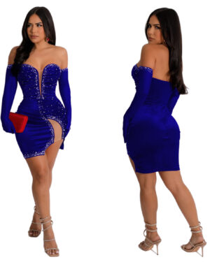 7546 - Blue velvet mini dress with gloves