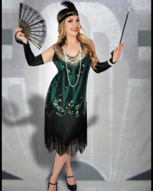 2471 - Green and Gold beaded fringe dress