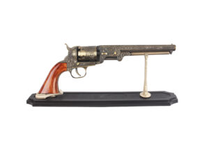 T121851 - 13.5" Decorative Antique Revolver Gun in Bronze w/display