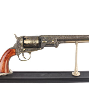 T121851 - 13.5" Decorative Antique Revolver Gun in Bronze w/display