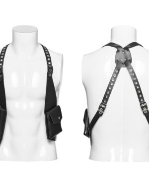 WS614 - Faux leather punk strap bag vest-Black