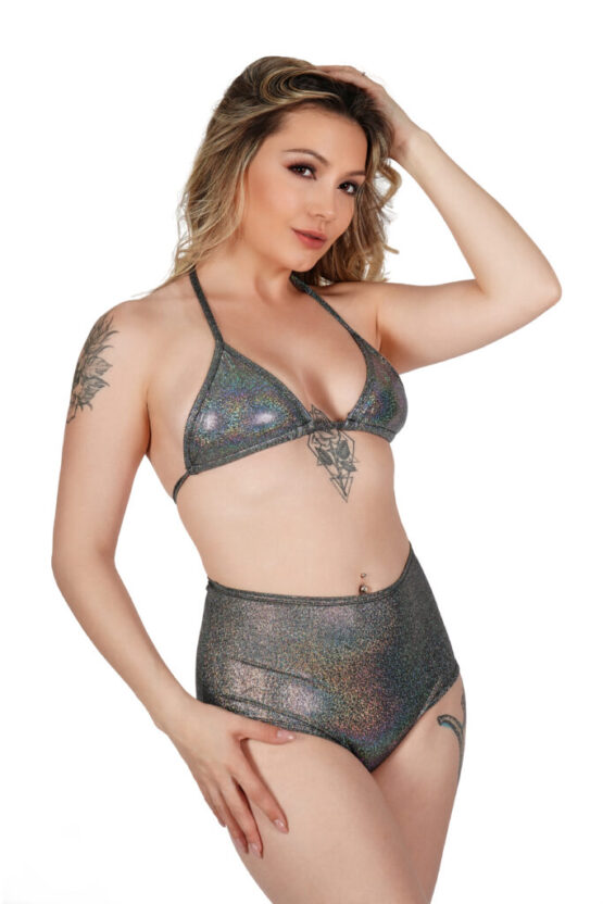 14644-SET - Glitter hi waist booty shorts and top-Black Holographic - Image 2