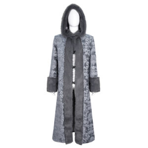 CT23402 - Grey Fur trim Brocade hooded coat