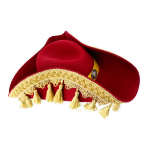 69535 - 100% wool felt, Red Classic Tricorn Pirate Hat with Gold Tassels