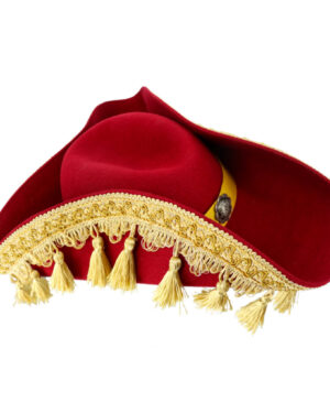 69535 - 100% wool felt, Red Classic Tricorn Pirate Hat with Gold Tassels