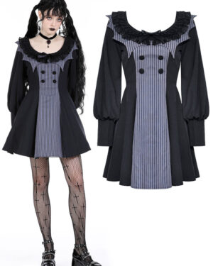 DW904 - Pinstripe ruffle neck two tone dress