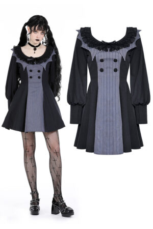 DW904 - Pinstripe ruffle neck two tone dress