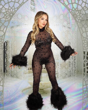 7931 - Black mesh jumpsuit with faux fur trim..
