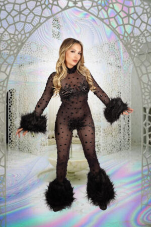 7931 - Black mesh jumpsuit with faux fur trim..