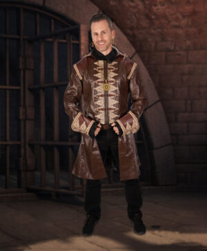 CT235 - PU brown leather with beige lace trim male waistcoat