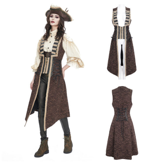 WT081 - Damask female long pirate waistcoat with gold trimming