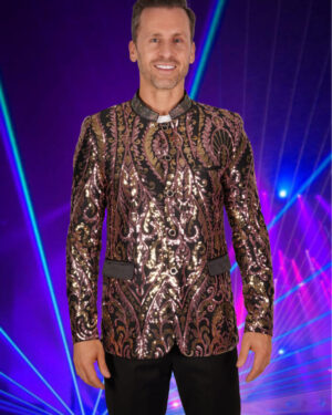 2611 - Mandarin collar sequin blazer-Pink/Gold