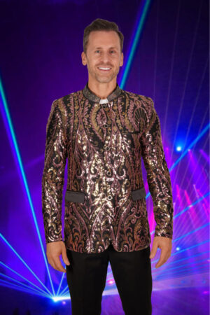 2611 - Mandarin collar sequin blazer-Pink/Gold