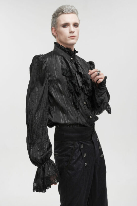 SHT092 - Gothic Ruffled Pinstripe Shirt with Lace Trimming - Image 4