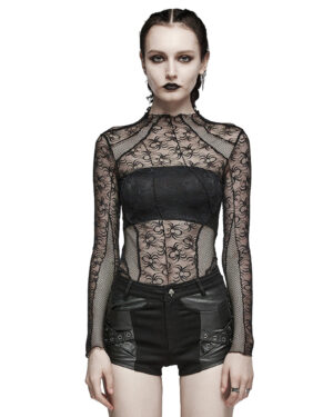WT882 - Spliced spider mesh mock neck t-shirt