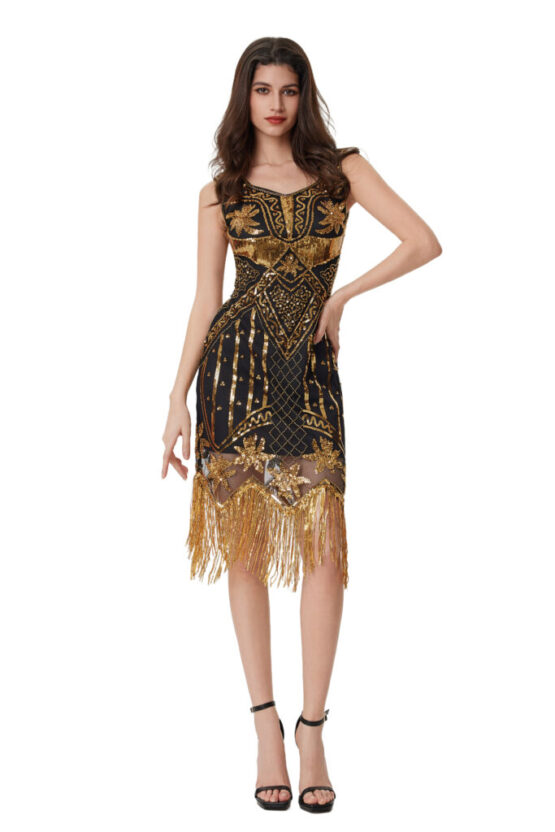 2515 - Retro Vintage deco dress-Gold/Black-2XL