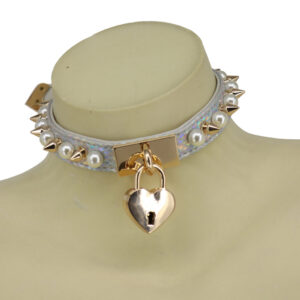 BZ10 - AB spike and pearl heart lock choker-Gold