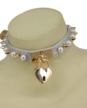 BZ10 - AB spike and pearl heart lock choker-Gold