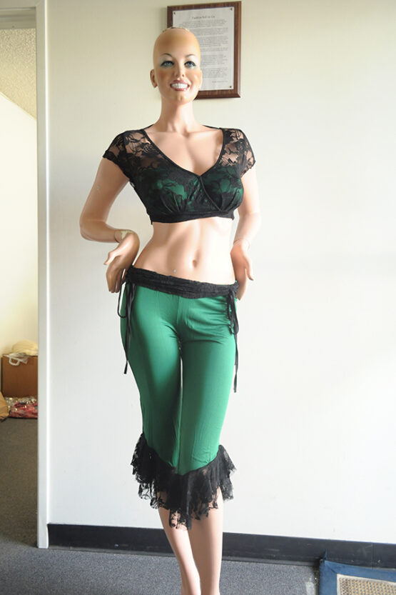 4233 - Green and Black Lace Victorian 2 Piece set - Jumper capris, Open Back Top