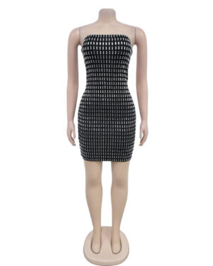 7547 - Strapless mini bodycon rhinestone dress-Black