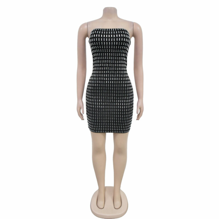 7547 - Strapless mini bodycon rhinestone dress-Black