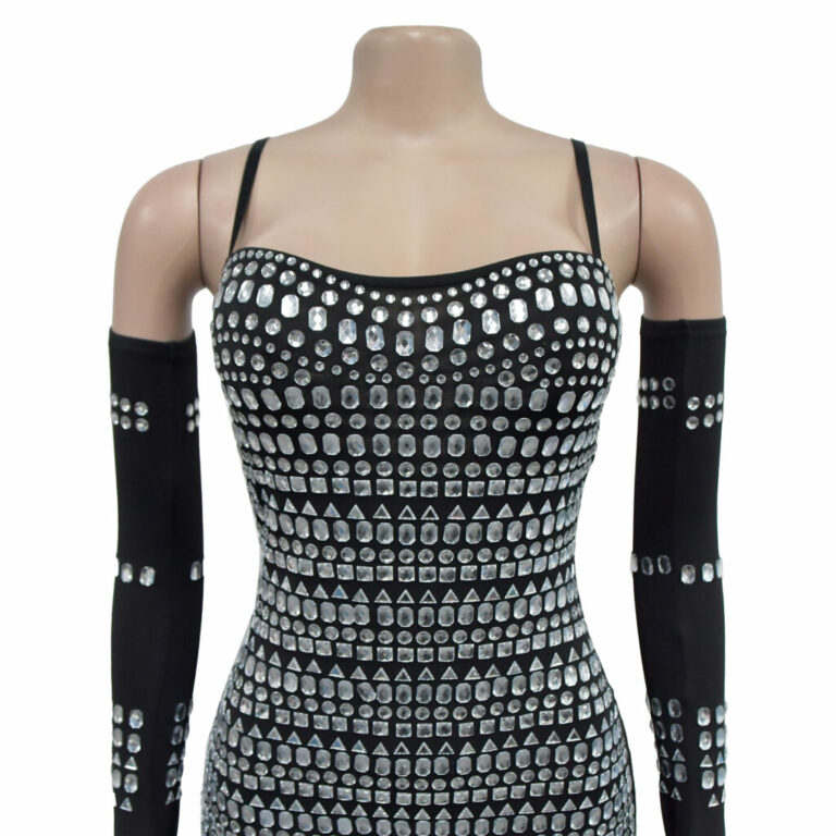 7548 - Rhinestone mini dress with gloves-black - Image 5