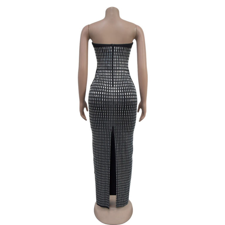 7549 - Rhinestone strapless long dress with back slit-black - Image 2