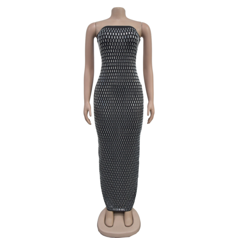 7549 - Rhinestone strapless long dress with back slit-black