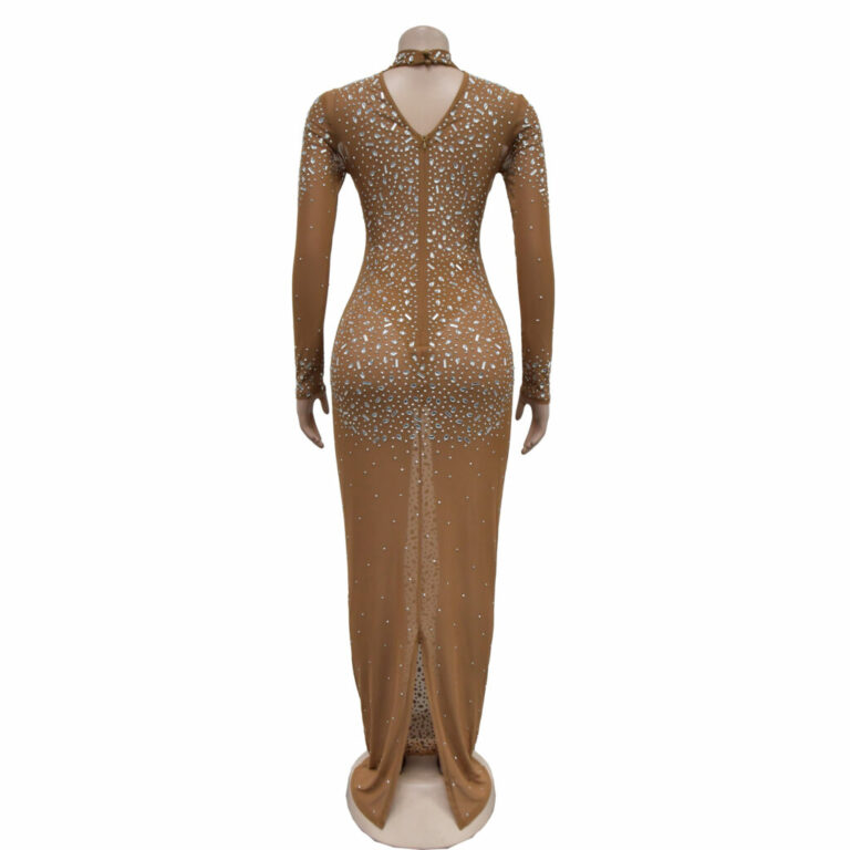 7550 - Mesh mock neck rhinestone long dress, beige - Image 4