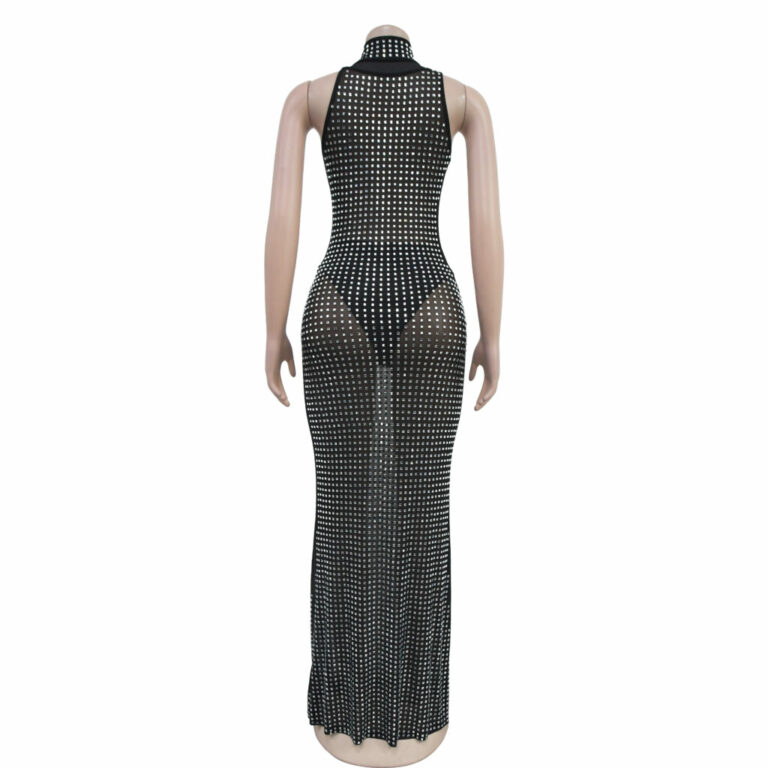 7551 - Mesh mock neck sleeveless long dress, black - Image 5