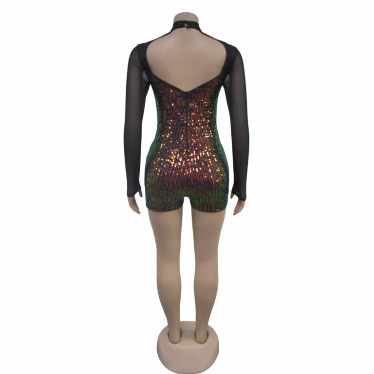 7552 - Sequin romper with mesh long sleeves, black-M - Image 2