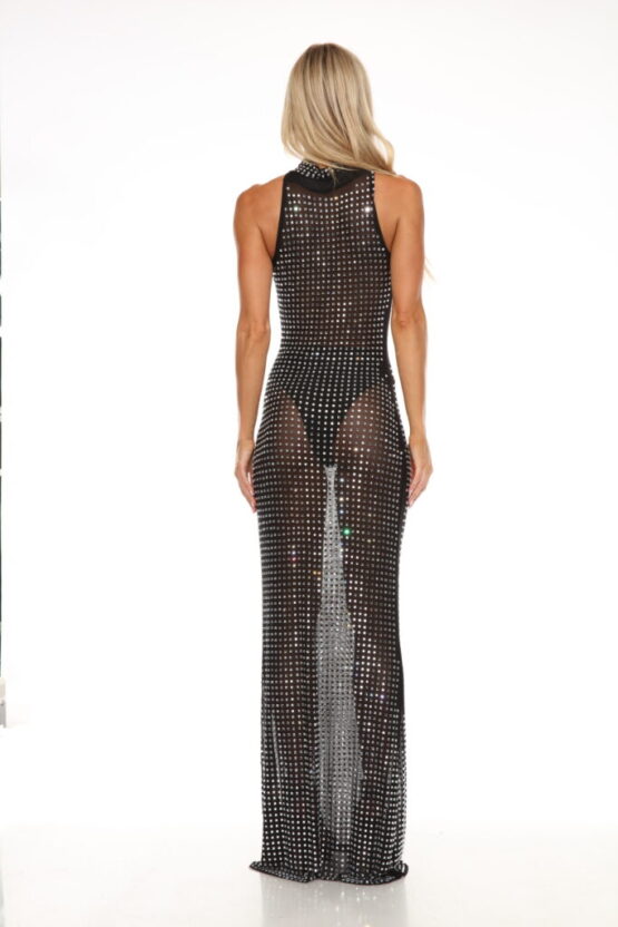 7551 - Mesh mock neck sleeveless long dress, black - Image 4