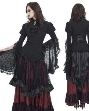 SHT113 - Lace bell sleeve gothic black ruffle neck top