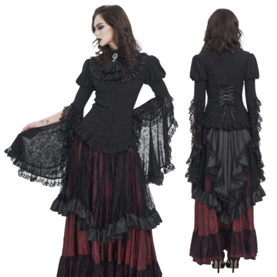 SHT113 - Lace bell sleeve gothic black ruffle neck top