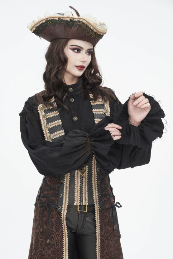 SHT11401 - Women's puff sleeve pirate button down top-black-2XL - Image 11