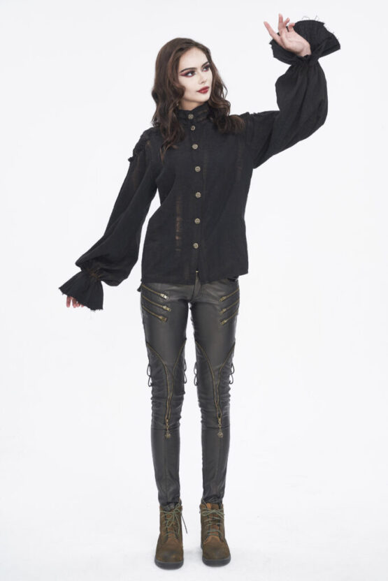 SHT11401 - Women's puff sleeve pirate button down top-black-2XL - Image 5