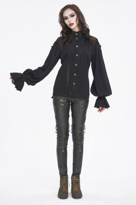 SHT11401 - Women's puff sleeve pirate button down top-black-2XL - Image 4