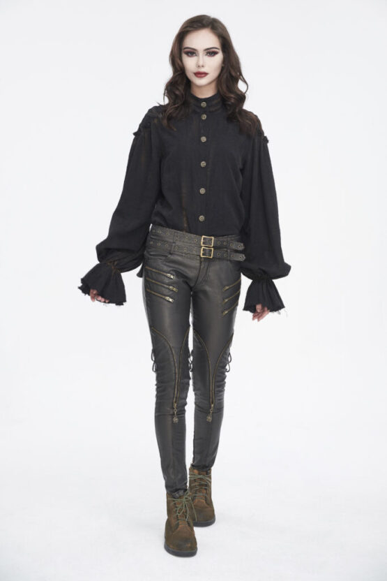 SHT11401 - Women's puff sleeve pirate button down top-black-2XL - Image 3