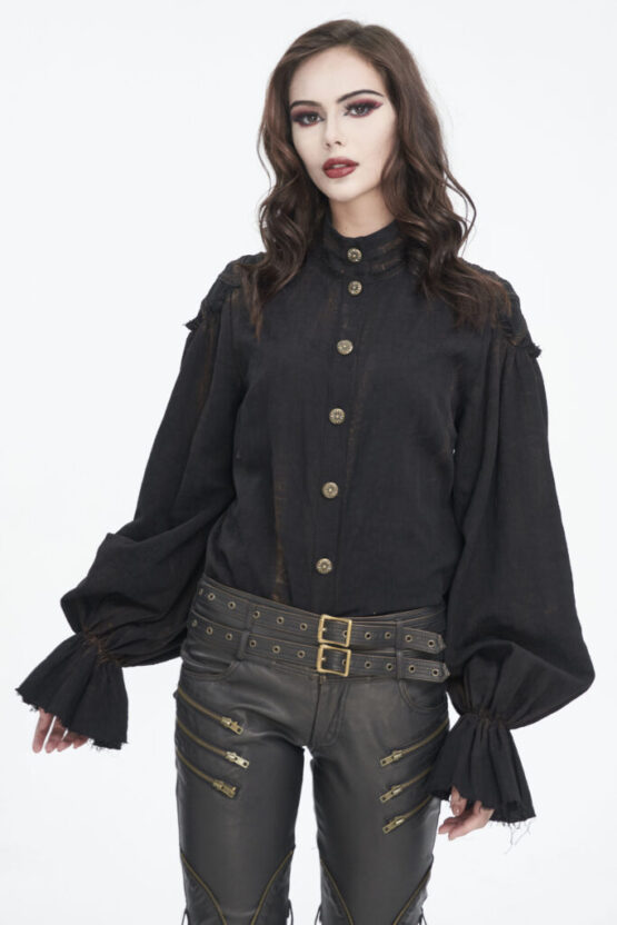 SHT11401 - Women's puff sleeve pirate button down top-black-2XL - Image 2