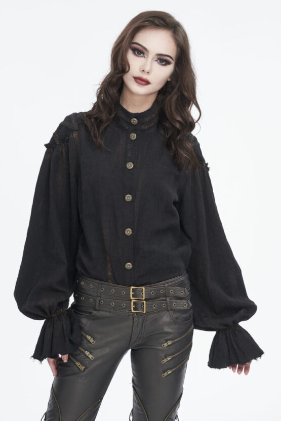 SHT11401 - Women's puff sleeve pirate button down top-black-2XL