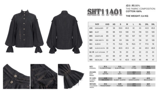 SHT11401 - Women's puff sleeve pirate button down top-black-2XL - Image 10