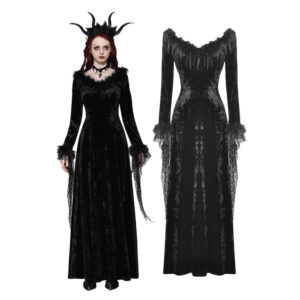 DW1019 - Black velvet long dress with feather trim