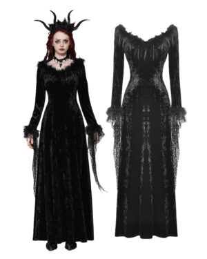 DW1019 - Black velvet long dress with feather trim
