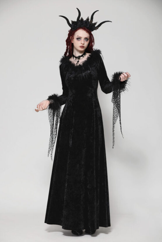 DW1019 - Black velvet long dress with feather trim - Image 4