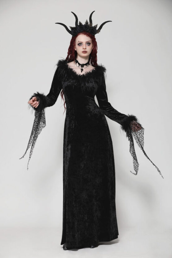 DW1019 - Black velvet long dress with feather trim - Image 5